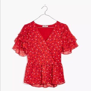 Madewell Women's Red Tiered- Short Sleeve Lined Size 4 V-neck Peplum Blouse Top